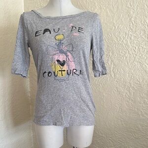 Juicy Couture Eau De Couture Gray Black Glitter Scoop Back Gold Heart Shirt y2k